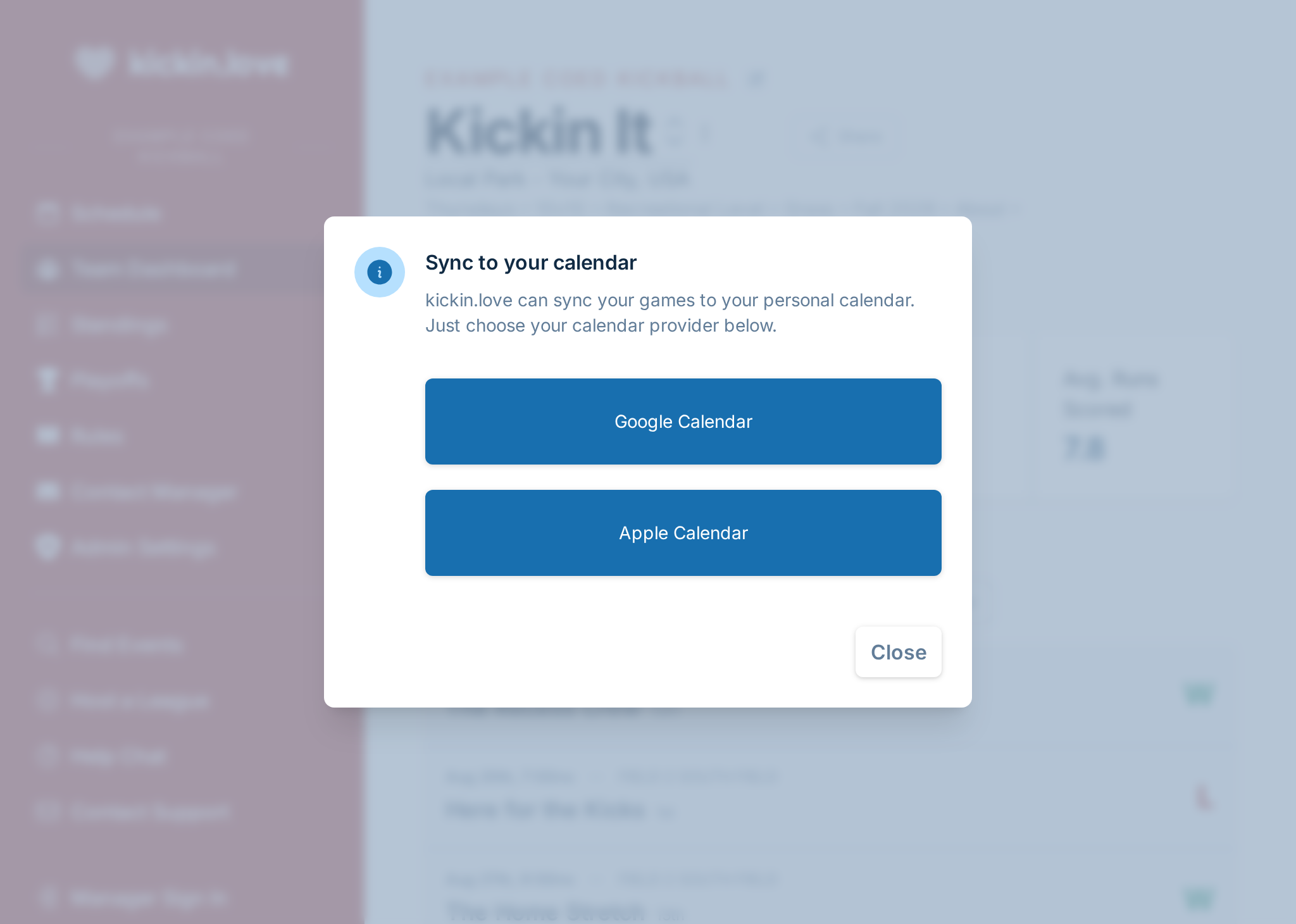 A screenshot showing the options of subscribing to a team calendar, which allows syncing to Google Calendar and Apple Calendar