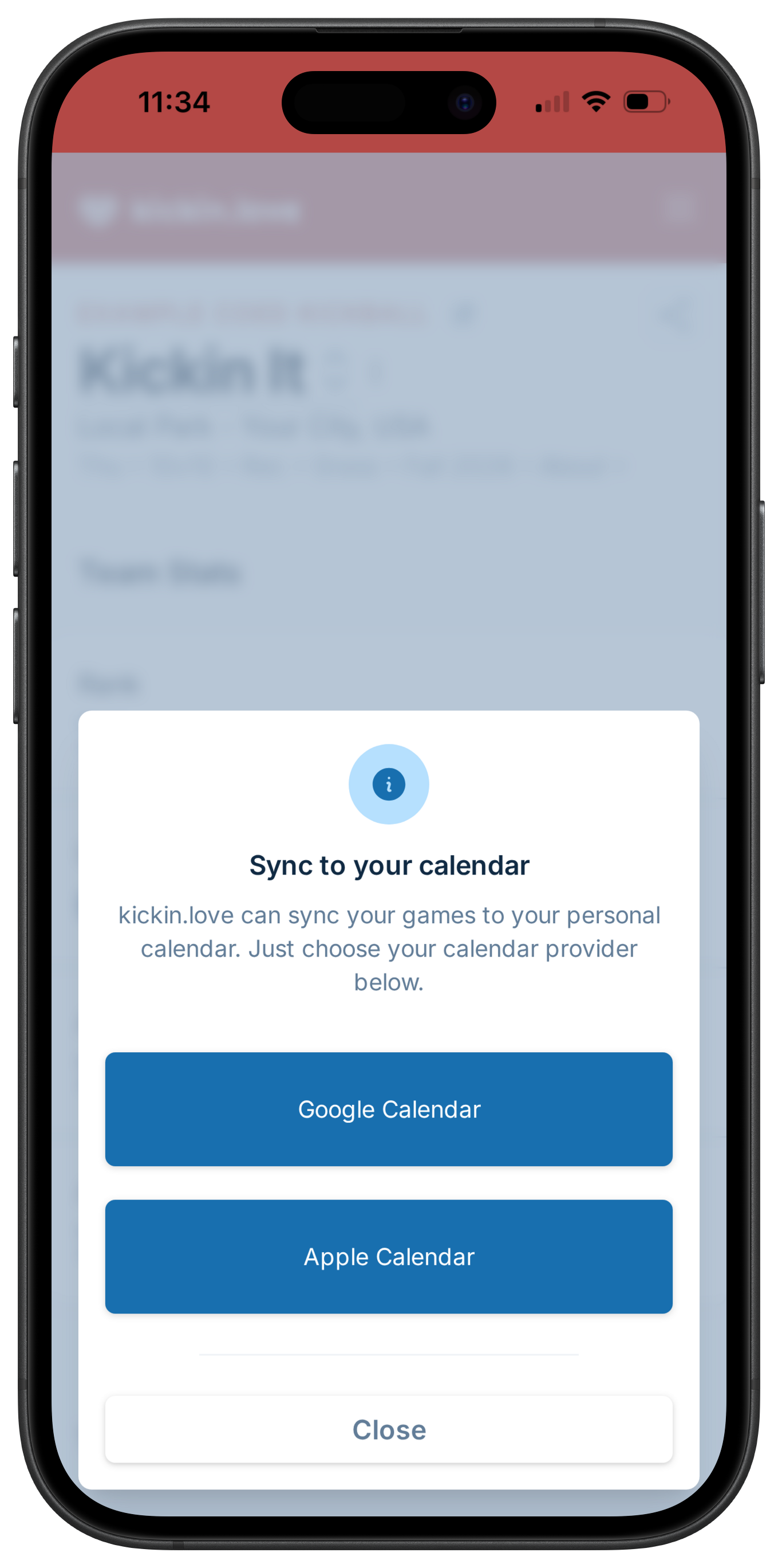 A screenshot showing the options of subscribing to a team calendar, which allows syncing to Google Calendar and Apple Calendar