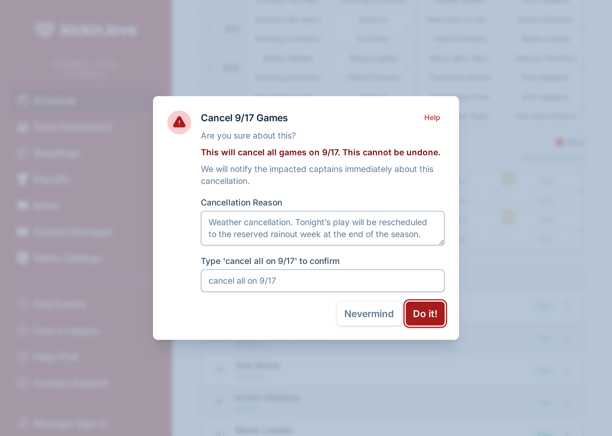 A screenshot showing the game cancellation dialog, where the manager has decided to cancel games and is providing a message to send to captains