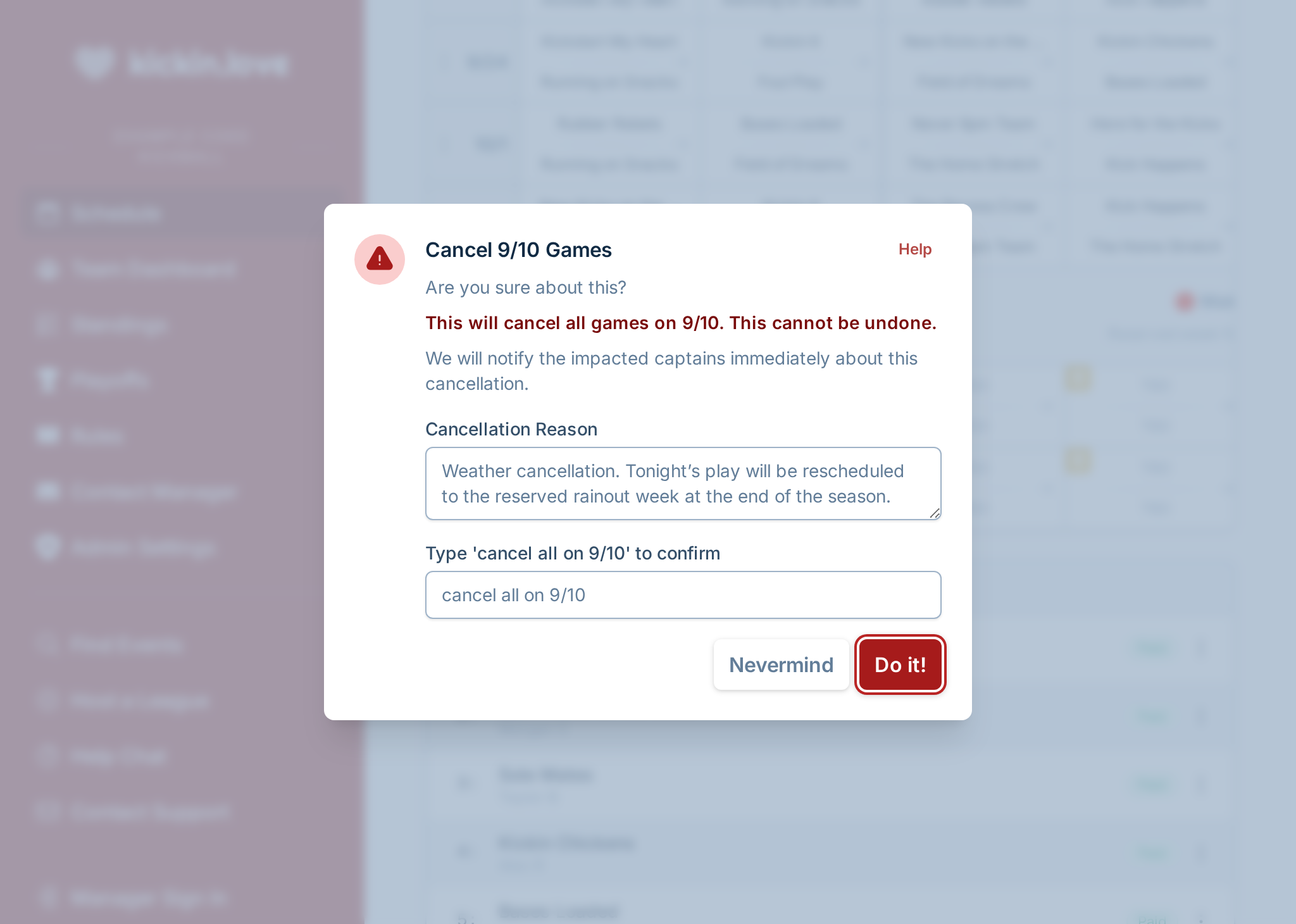 A screenshot showing the game cancellation dialog, where the manager has decided to cancel games and is providing a message to send to captains