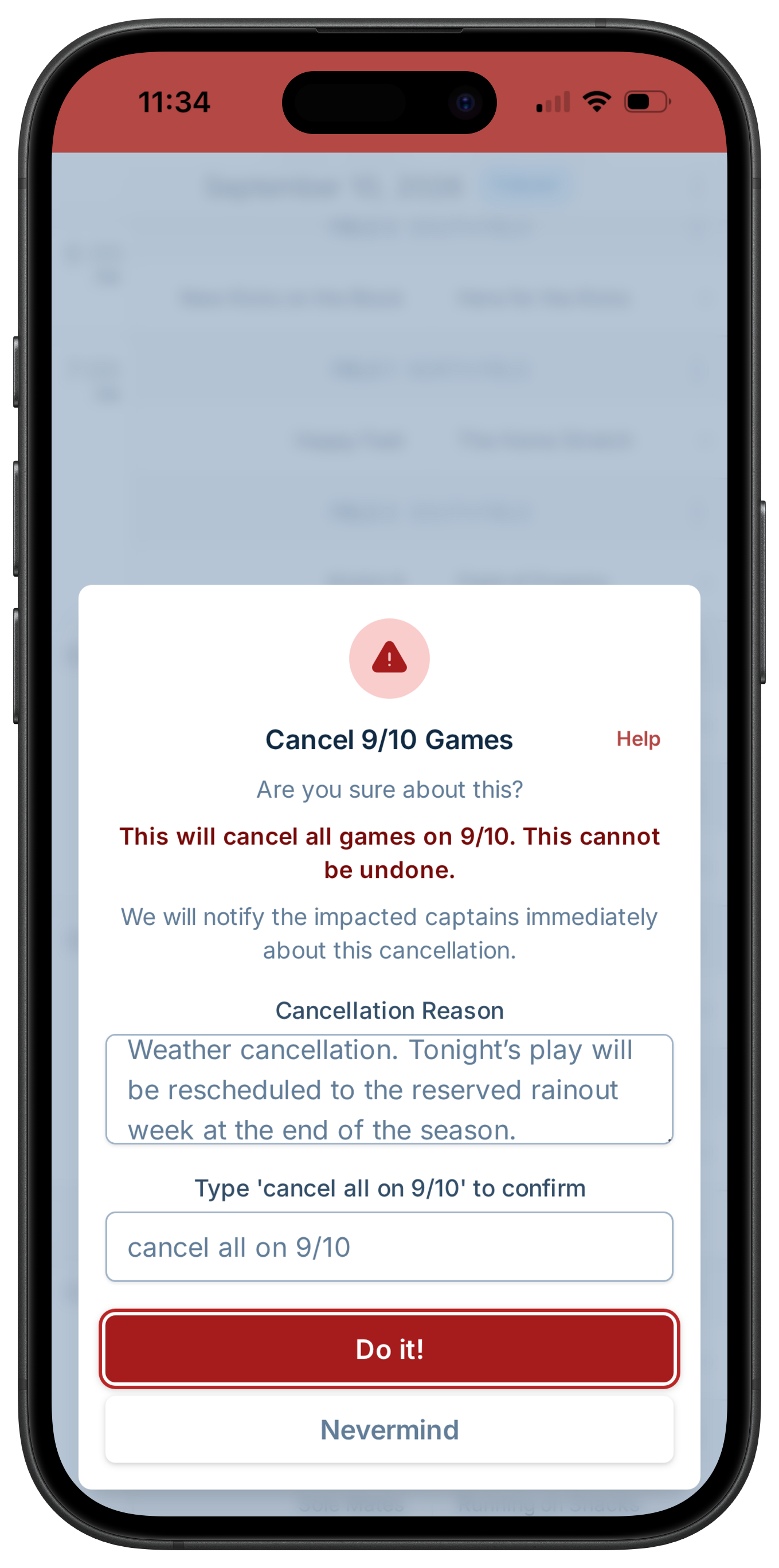 A screenshot showing the game cancellation dialog, where the manager has decided to cancel games and is providing a message to send to captains