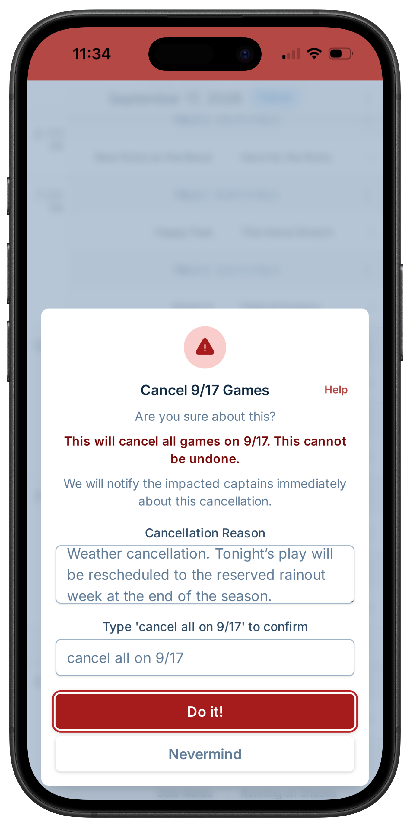 A screenshot showing the game cancellation dialog, where the manager has decided to cancel games and is providing a message to send to captains
