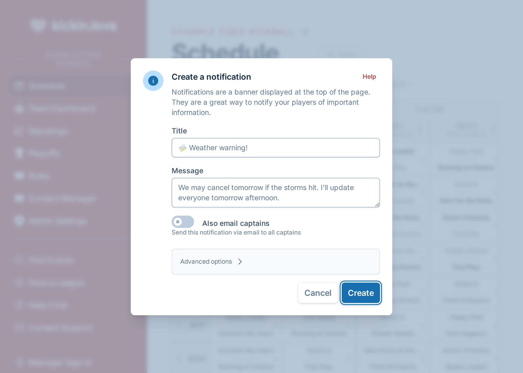 A screenshot showing the notification creation form, where a manager is notifying captains games may be canceled if the radar doesn't improve
