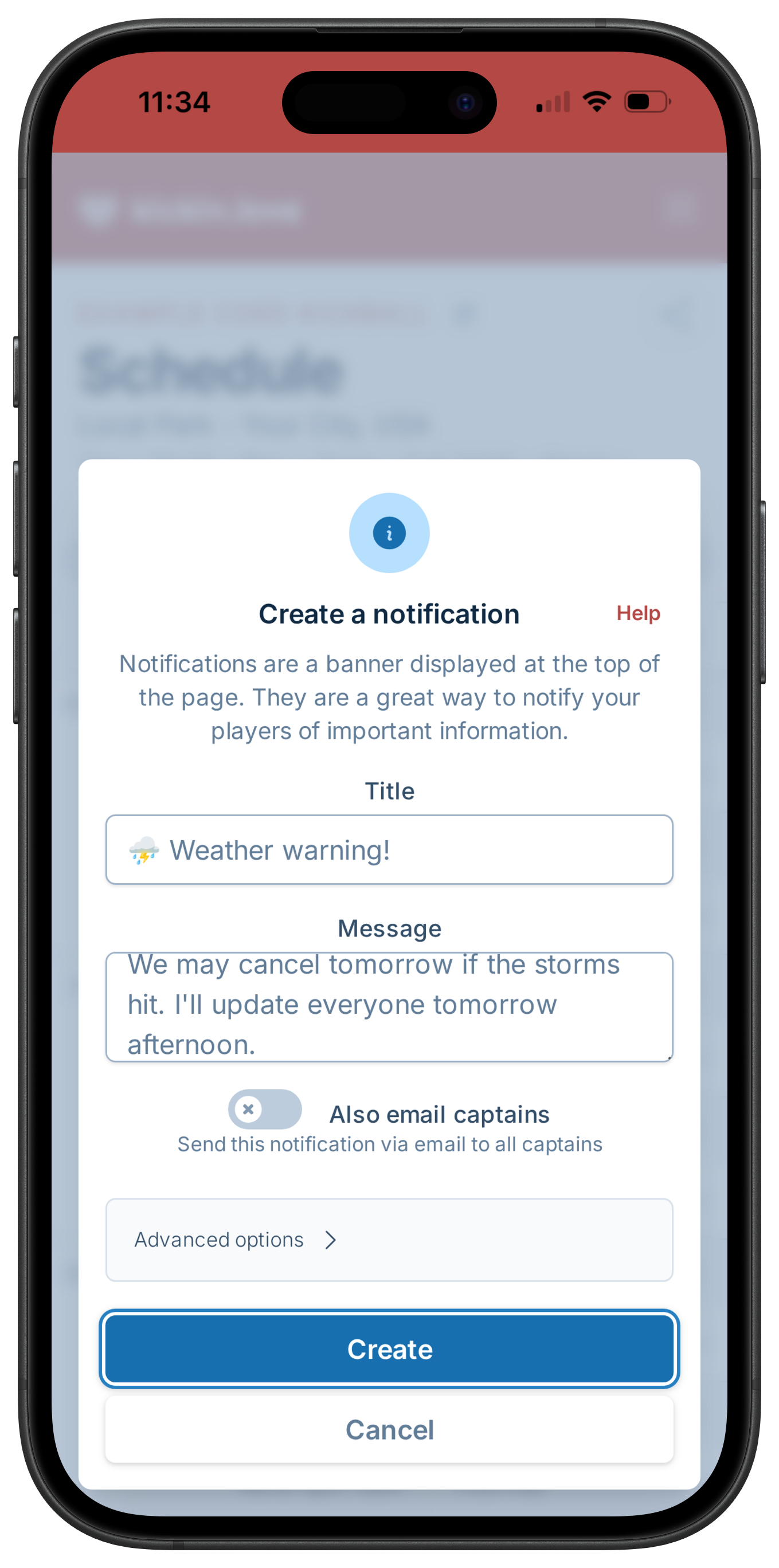 A screenshot showing the notification creation form, where a manager is notifying captains games may be canceled if the radar doesn't improve