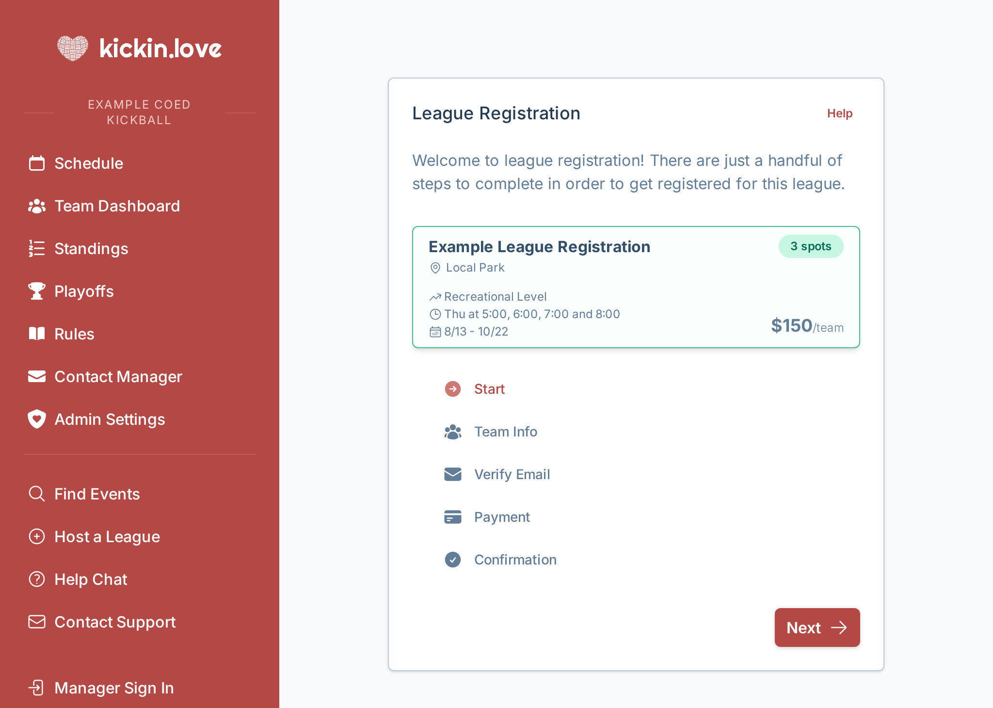 A screenshot of the team registration experience