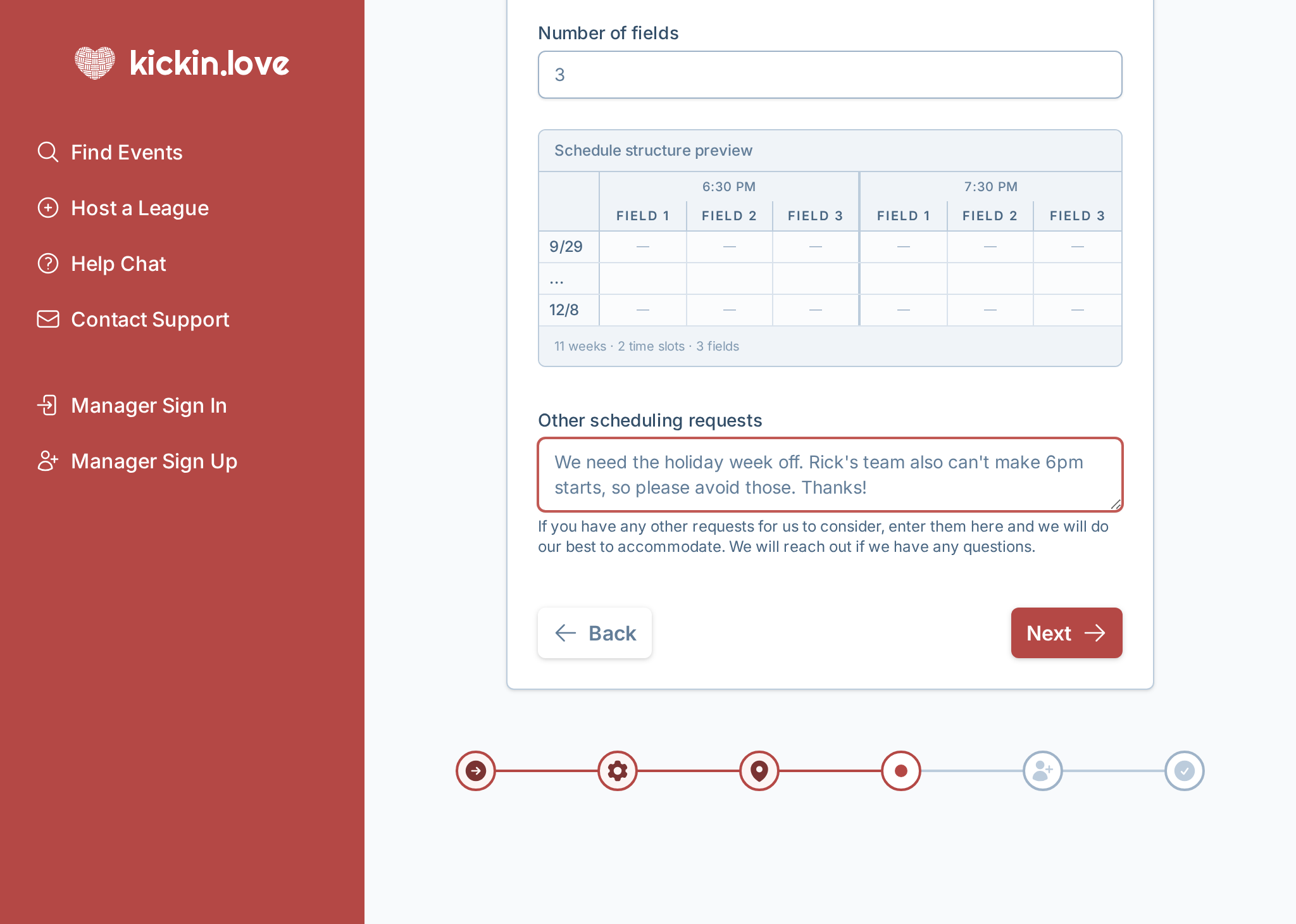 A screenshot of the league creation wizard where a league manager can enter scheduling constraints and preferences