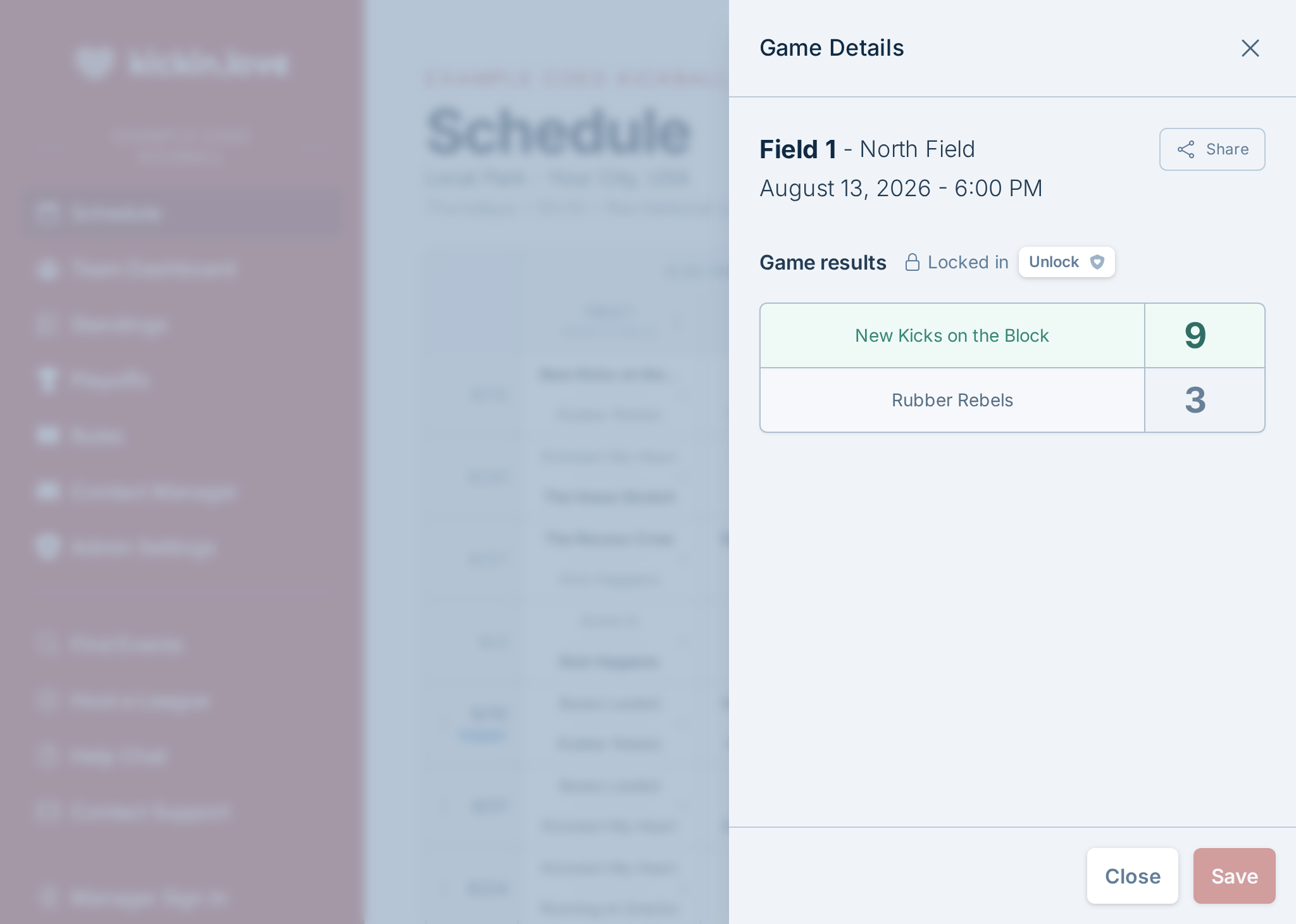 A screenshot of an email sent by the kickin.love service that reminds captains to enter their scores after a game completes