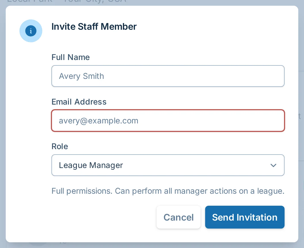 Invite staff member dialog in kickin.love, a kickball staff permissions tool