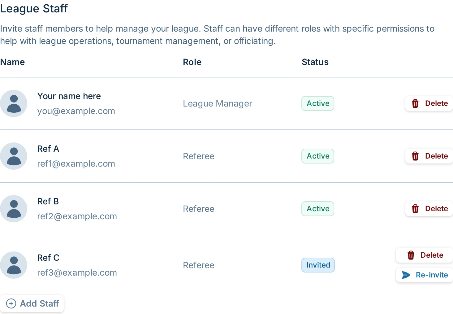 Admin Settings staff and permissions tab in kickin.love, a kickball league admin control panel