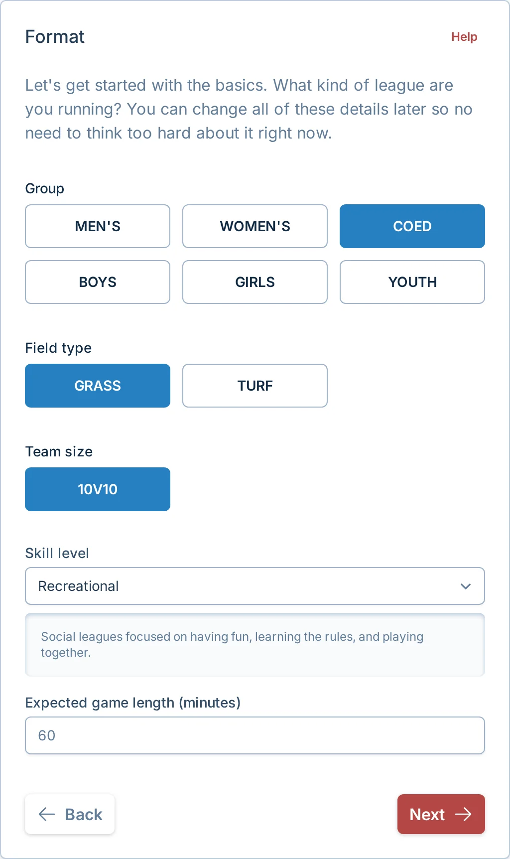 Create league format step in kickin.love, a kickball league setup platform