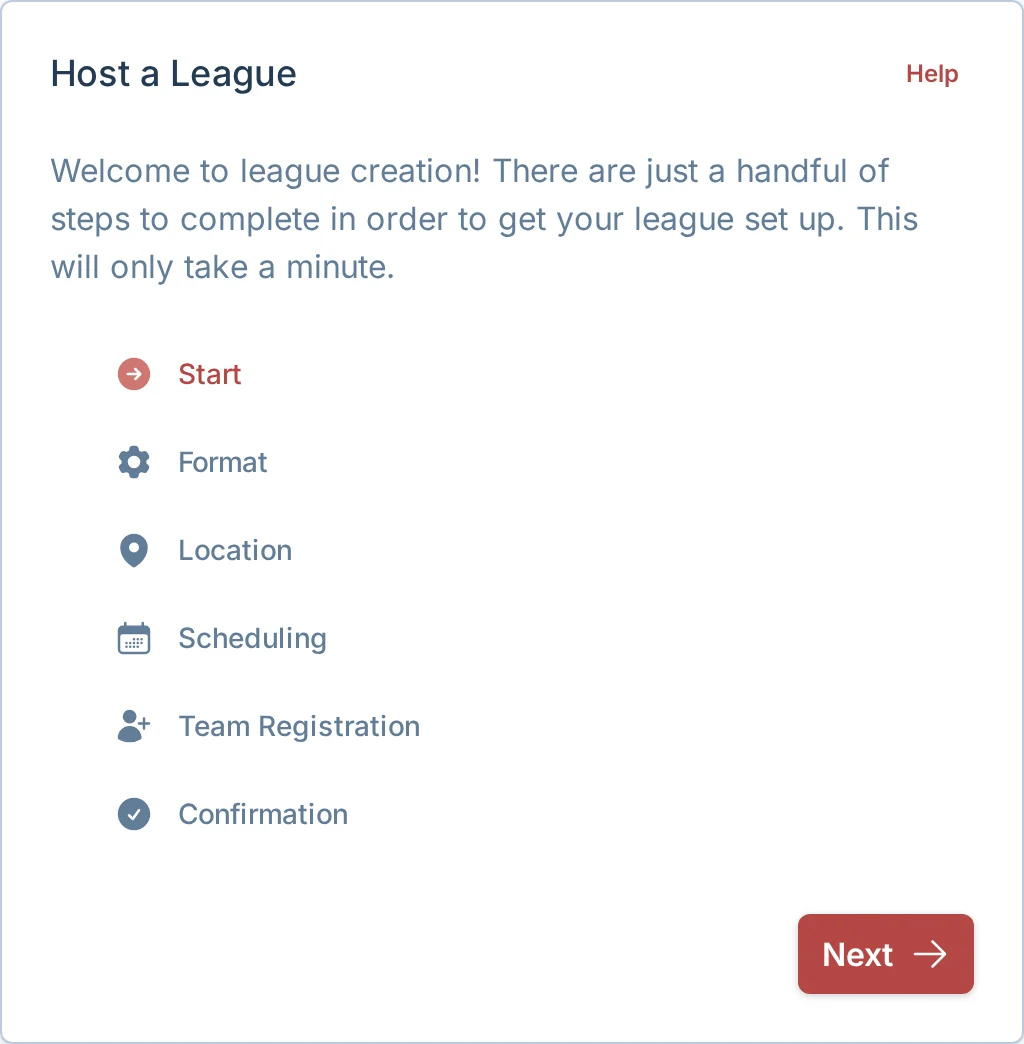 Create league wizard start screen in kickin.love, a kickball league launch platform