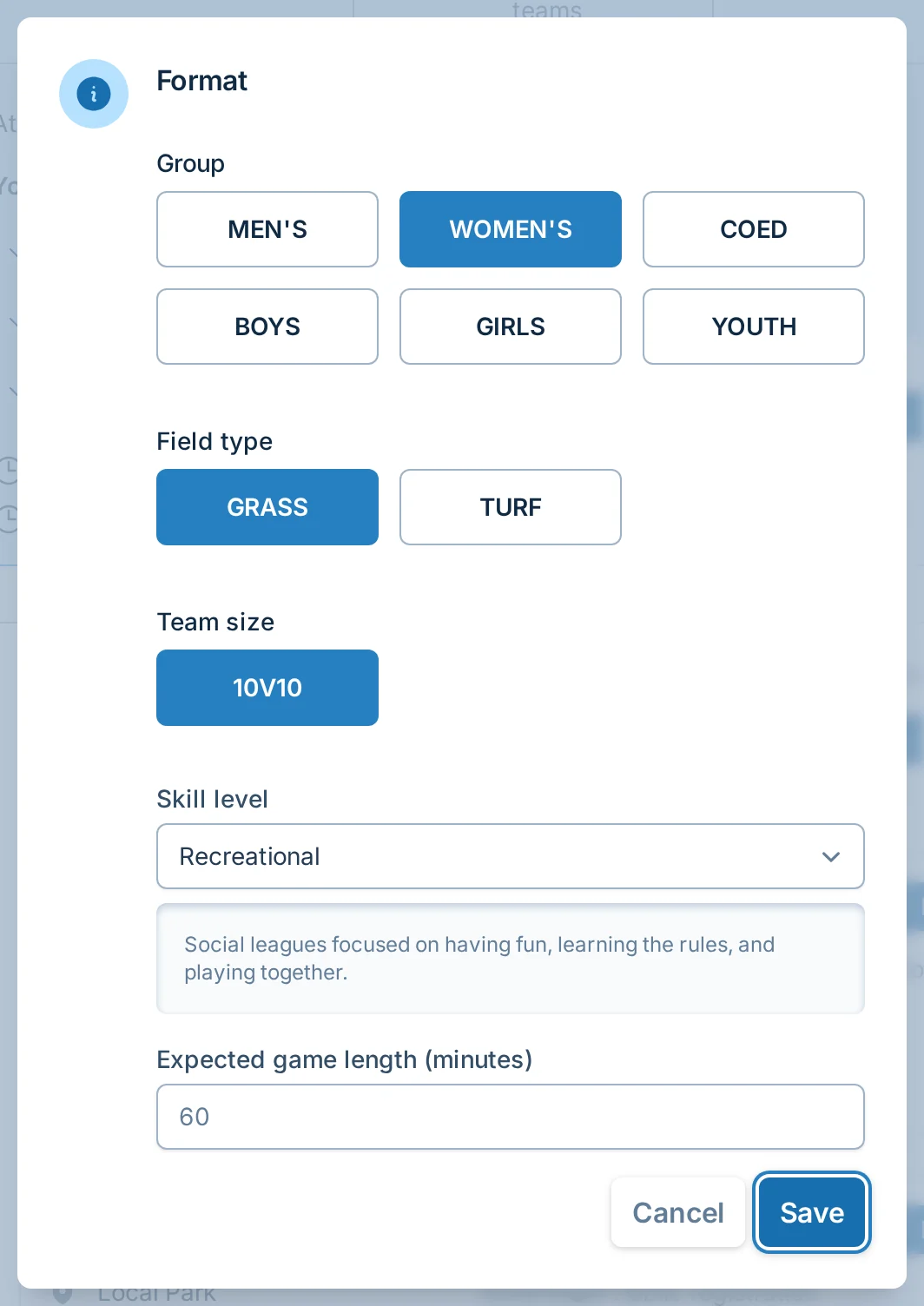 Edit format dialog in kickin.love, a kickball league setup editor