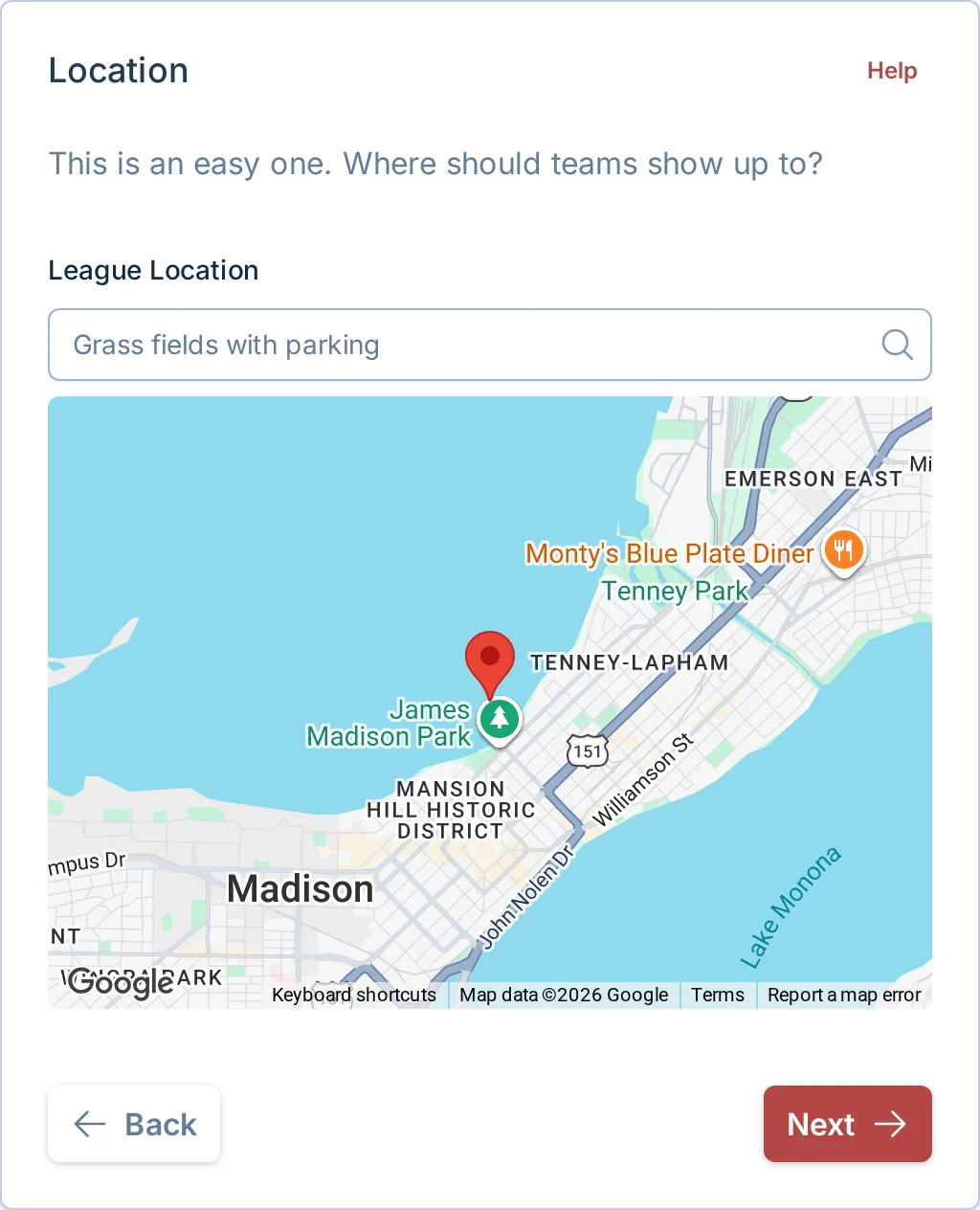 Create league location step in kickin.love, a kickball venue and scheduling tool