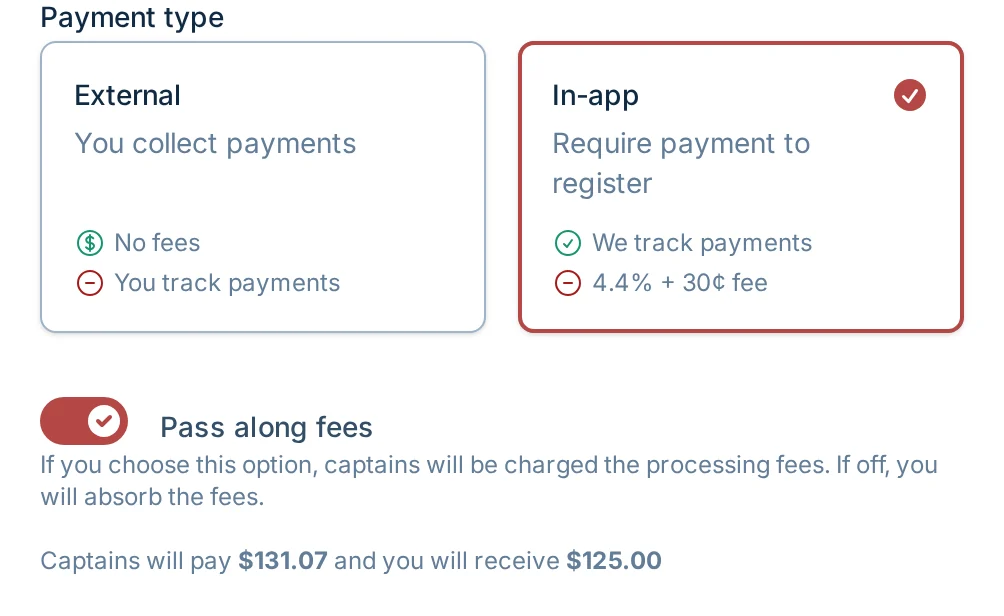 Pass along fees option in kickin.love, a kickball checkout and registration tool