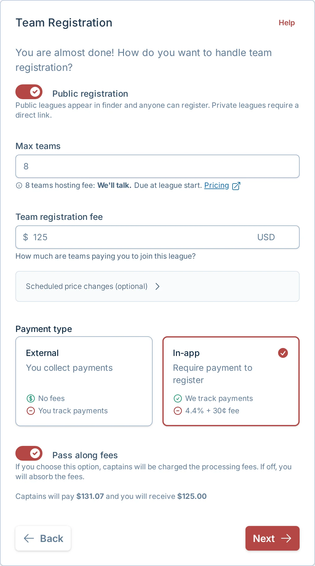 Create league team registration step in kickin.love, a kickball signup and payments platform