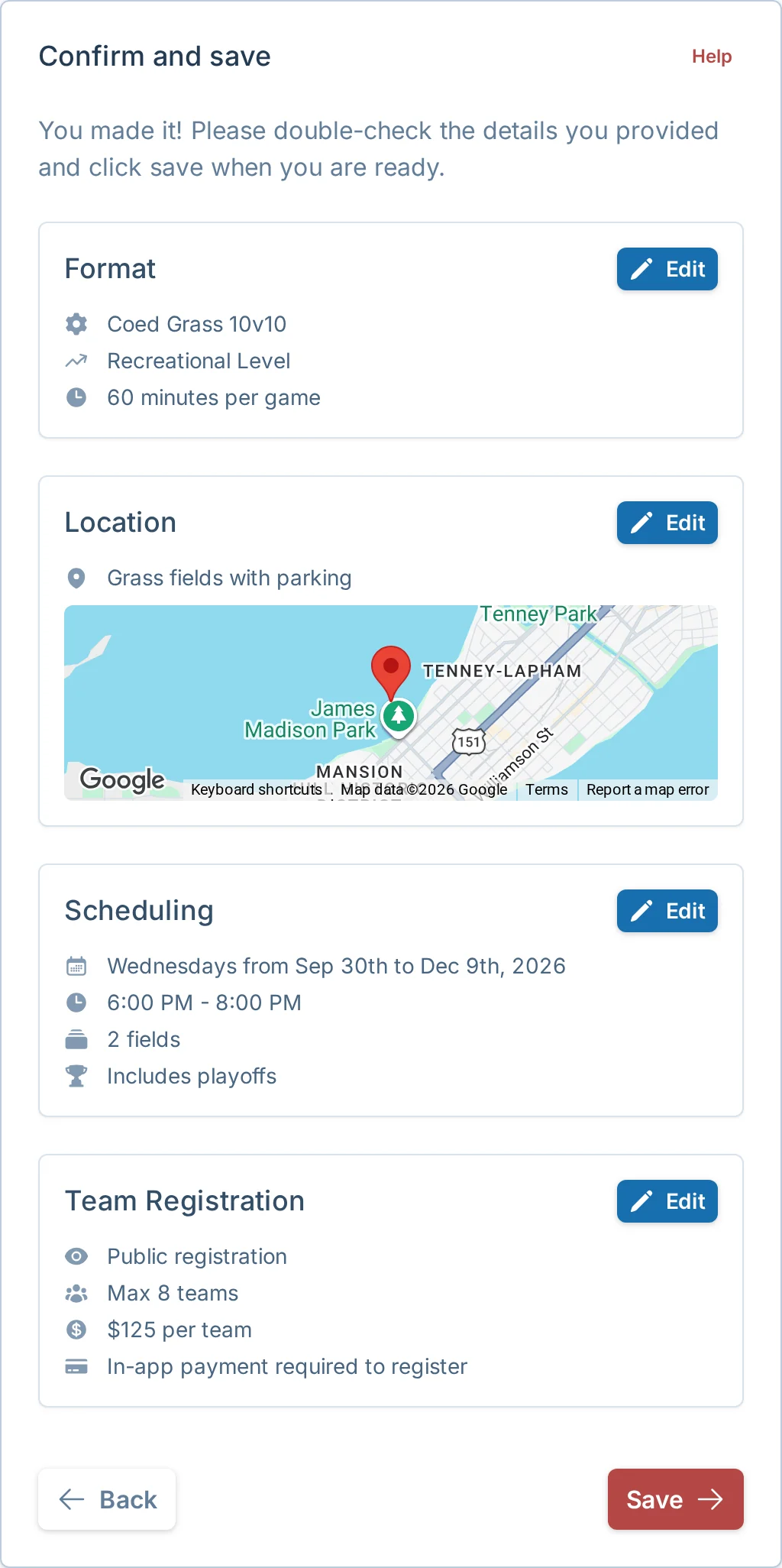 Create league review and save step in kickin.love, a kickball league launch app