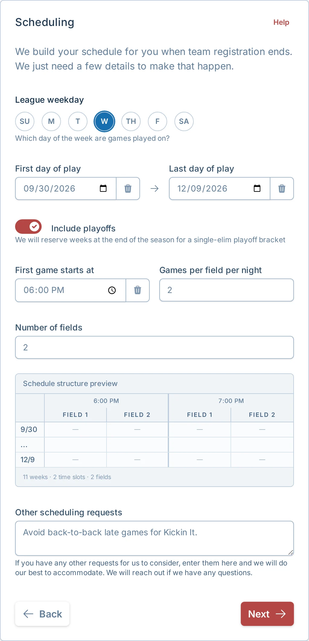 Create league scheduling step in kickin.love, a kickball schedule builder for league managers