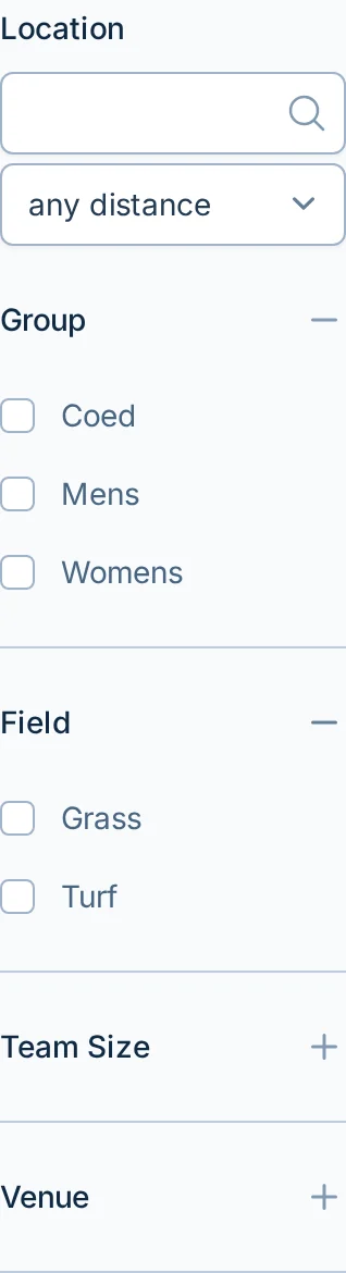 League finder filters in kickin.love, a kickball league search page