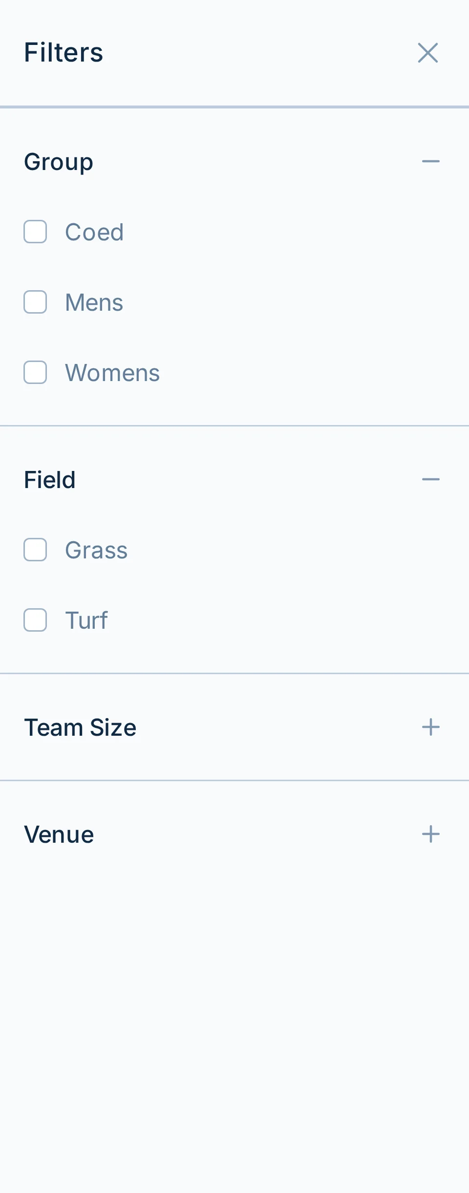 Mobile league finder filters in kickin.love, a kickball league search page
