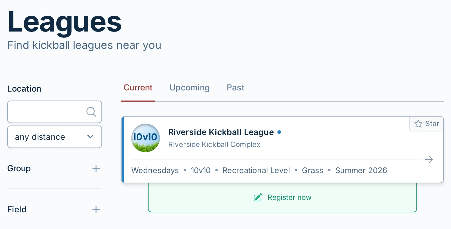Find Leagues page in kickin.love, a kickball league discovery and registration app