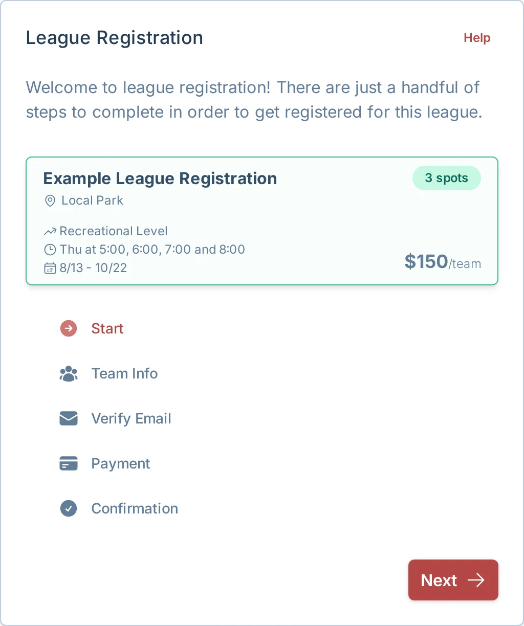 Team registration start form in kickin.love, a kickball registration app for rec teams