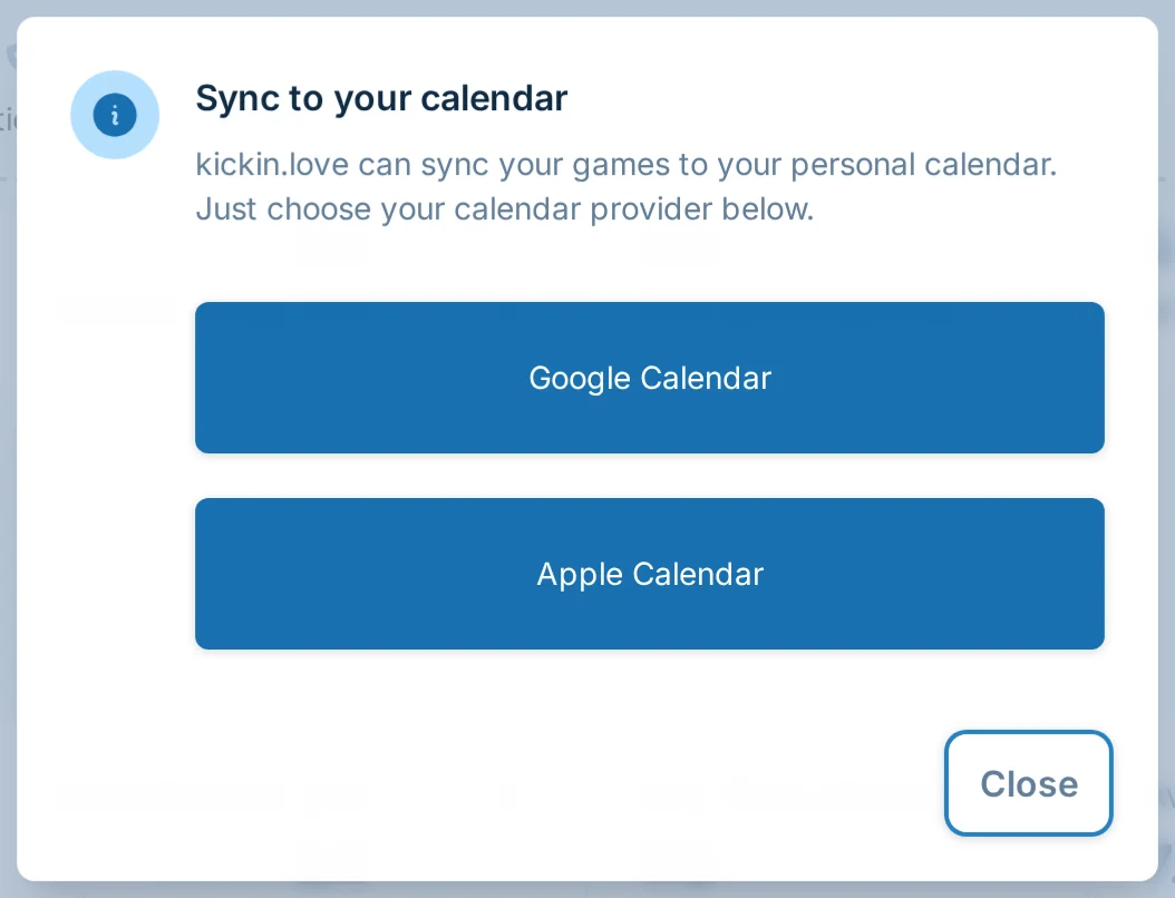 Calendar sync dialog on the kickin.love team dashboard for a kickball league