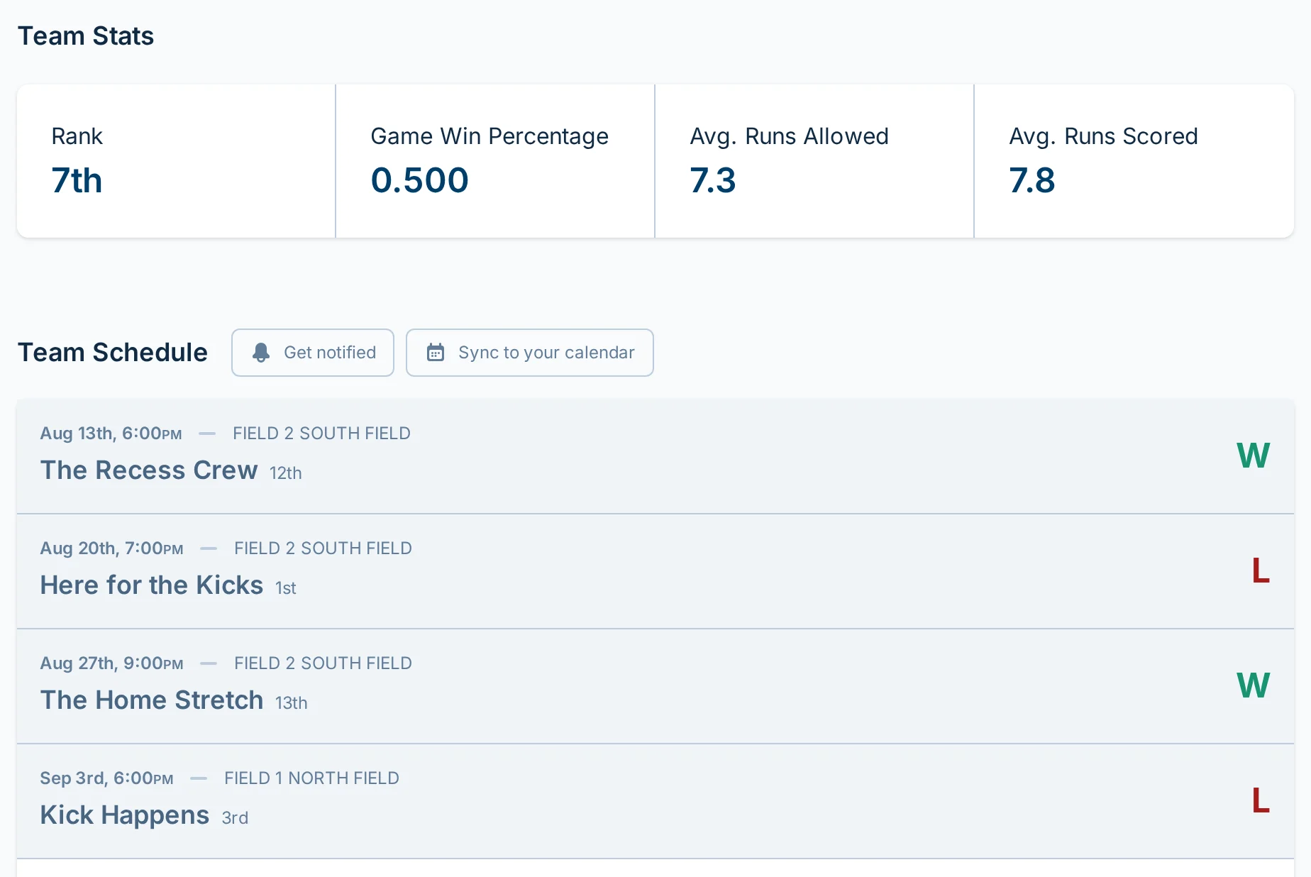 Team dashboard in kickin.love, a kickball schedule and score reporting app for players