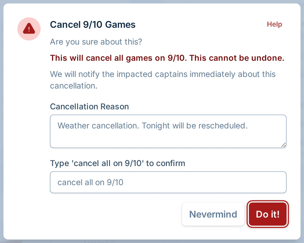 Cancel all games confirmation dialog in kickin.love, a kickball organizer for league admins