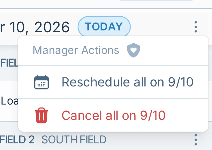 Mobile cancel all games menu in kickin.love, a kickball schedule management tool