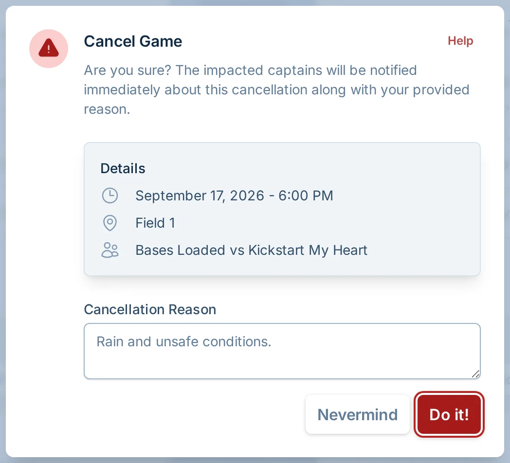 Cancel game dialog in kickin.love, a kickball league operations platform