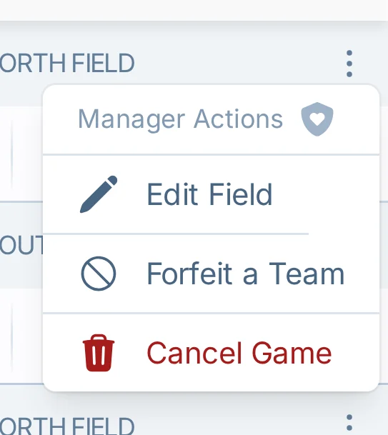 Mobile cancel game menu in kickin.love, a kickball game-day management app