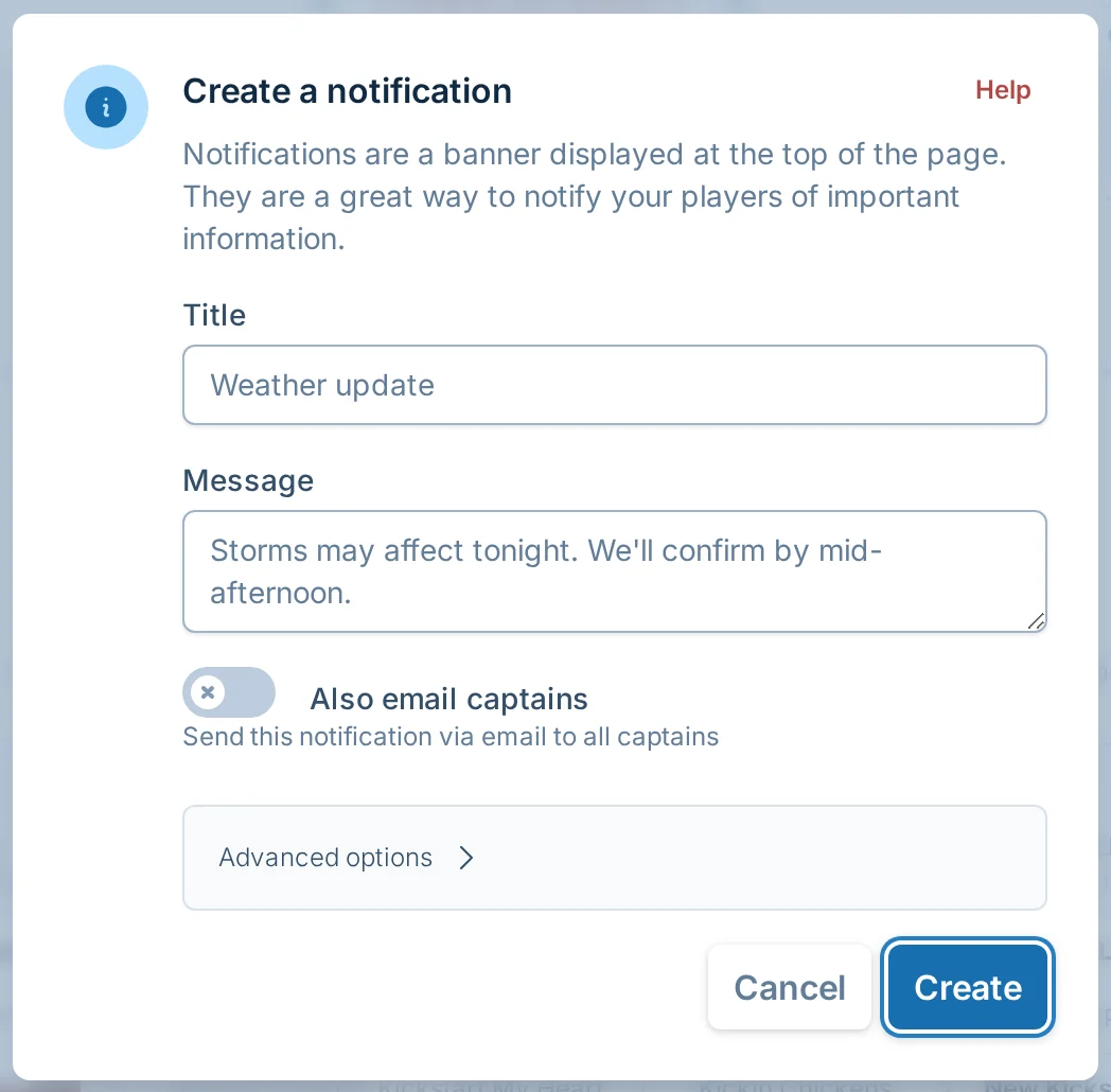 Create notification dialog in kickin.love, a kickball management platform