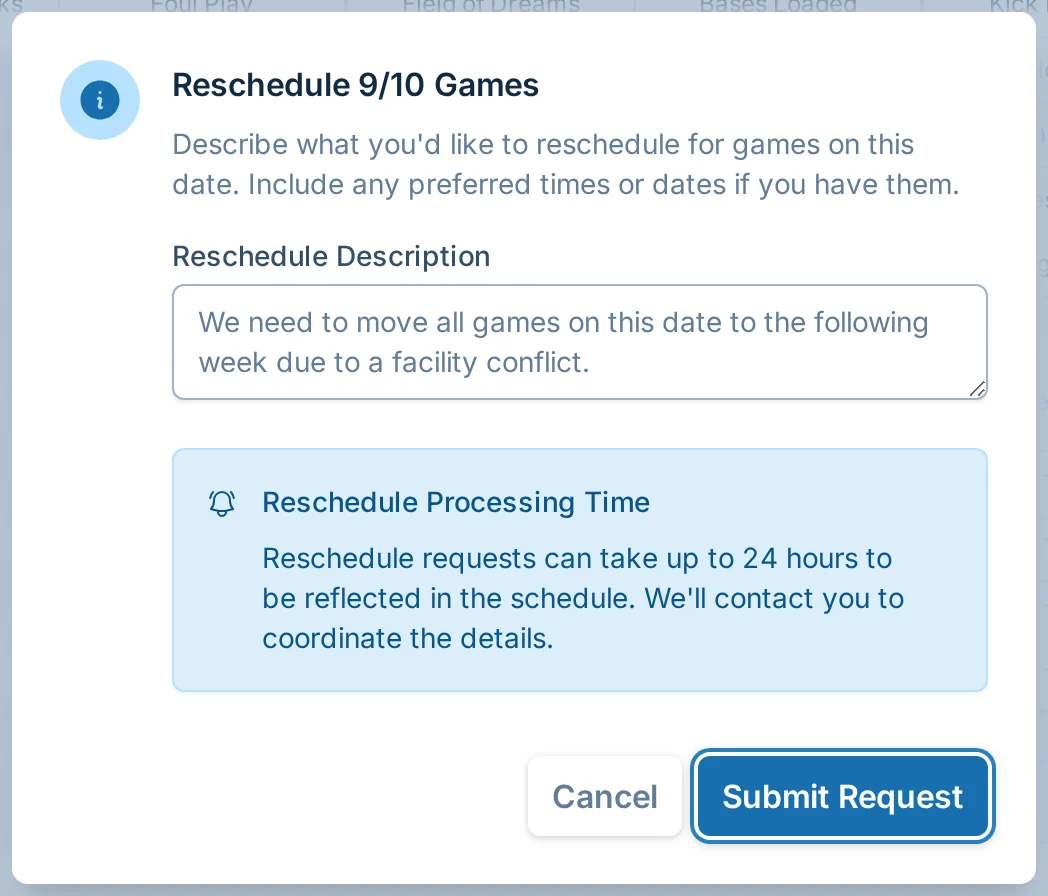 Request all games on one date to be rescheduled in kickin.love, a kickball schedule management app