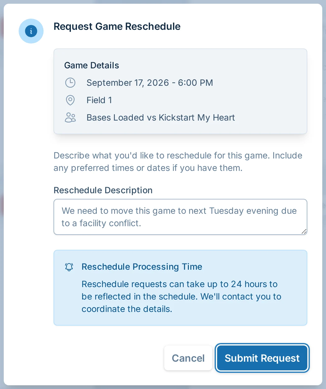 Request game reschedule dialog in kickin.love, a kickball scheduling tool for league managers