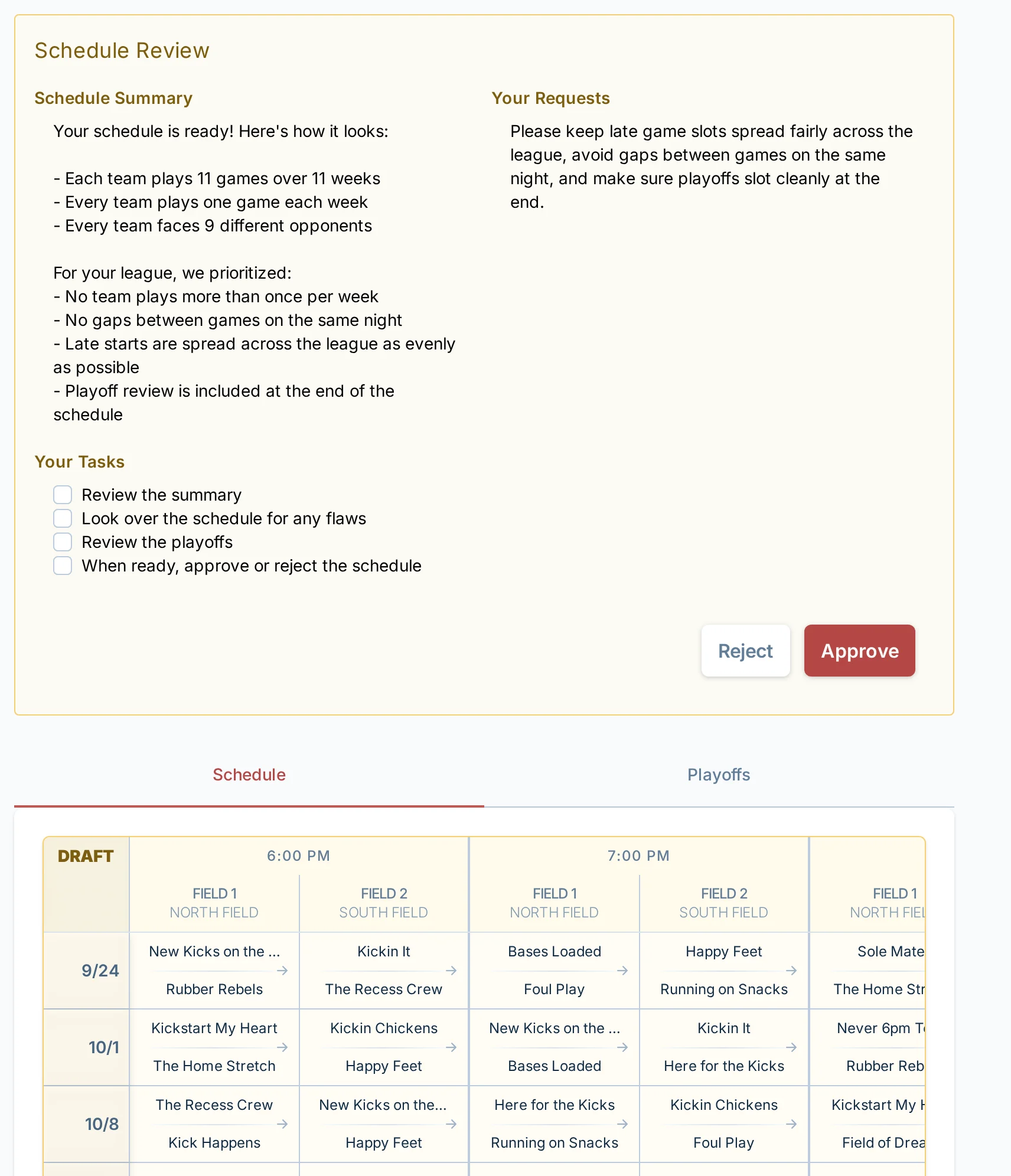 Schedule review screen in kickin.love, a kickball scheduling app for league managers