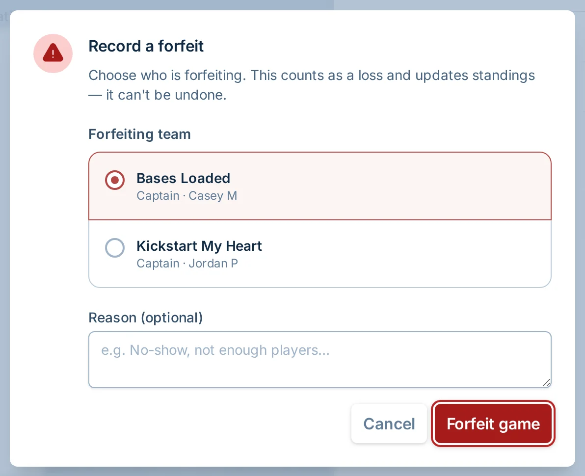 Forfeit or no-show dialog in kickin.love, a kickball league score reporting app