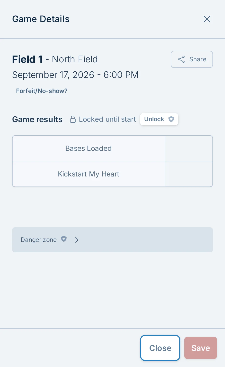 Locked score reporting form in kickin.love, a kickball league score reporting app
