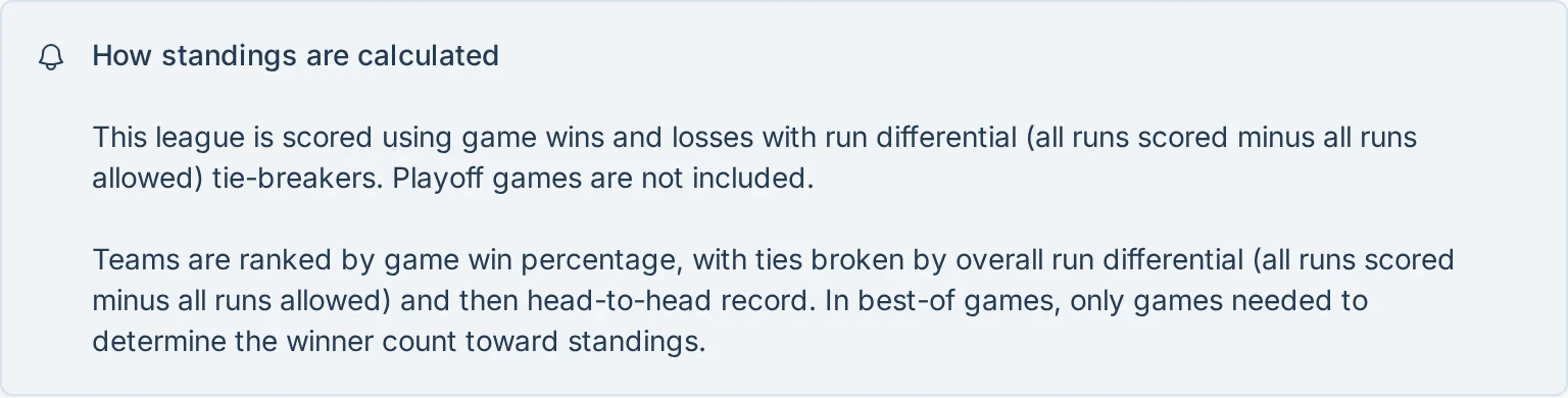How standings are calculated explanation in kickin.love, a kickball league management app