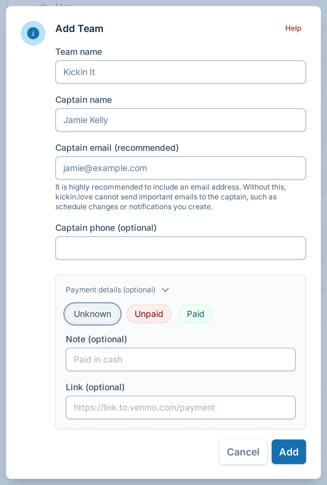 Add team dialog in kickin.love, a kickball team signup platform