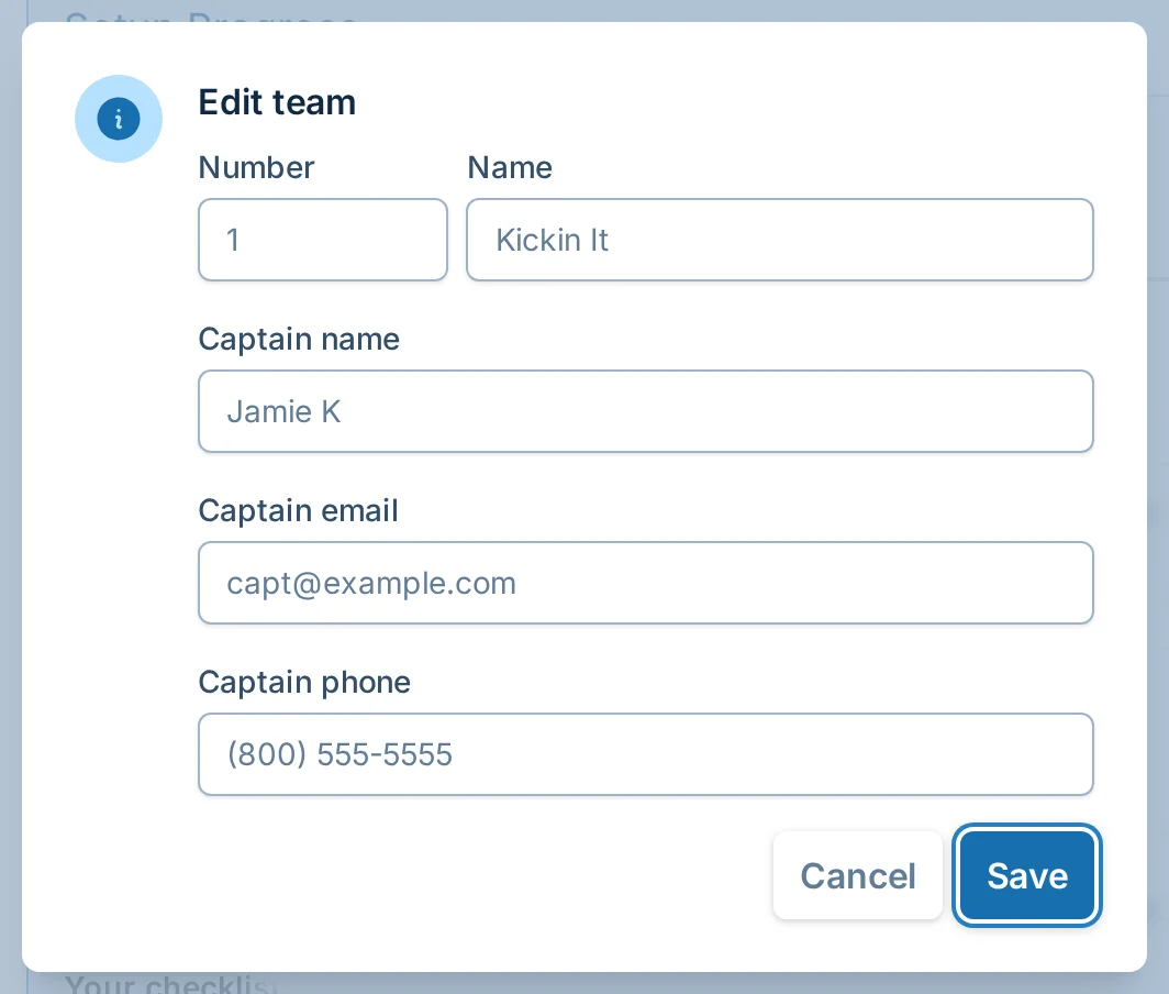 Edit team dialog in kickin.love, a kickball league admin workspace