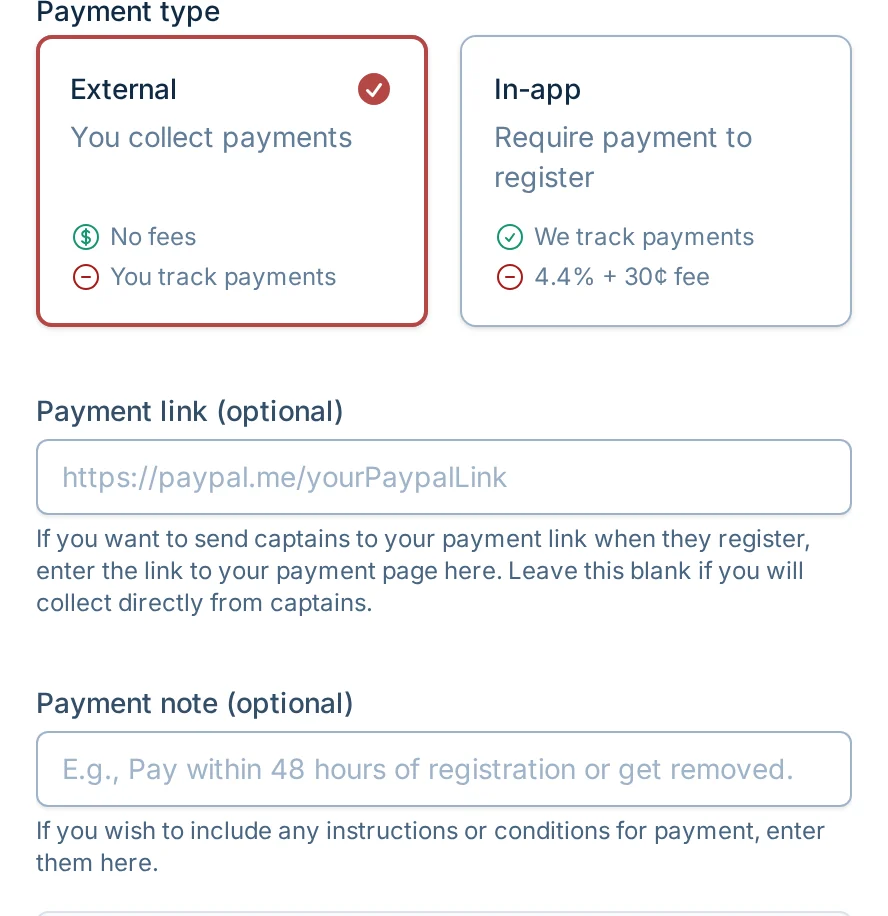 External payment link and note fields in kickin.love, a kickball registration payments settings screen