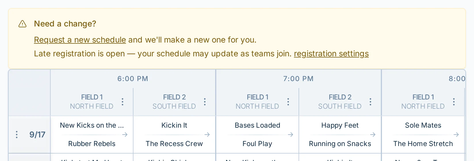Late registration schedule change banner in kickin.love, a kickball schedule adjustment tool