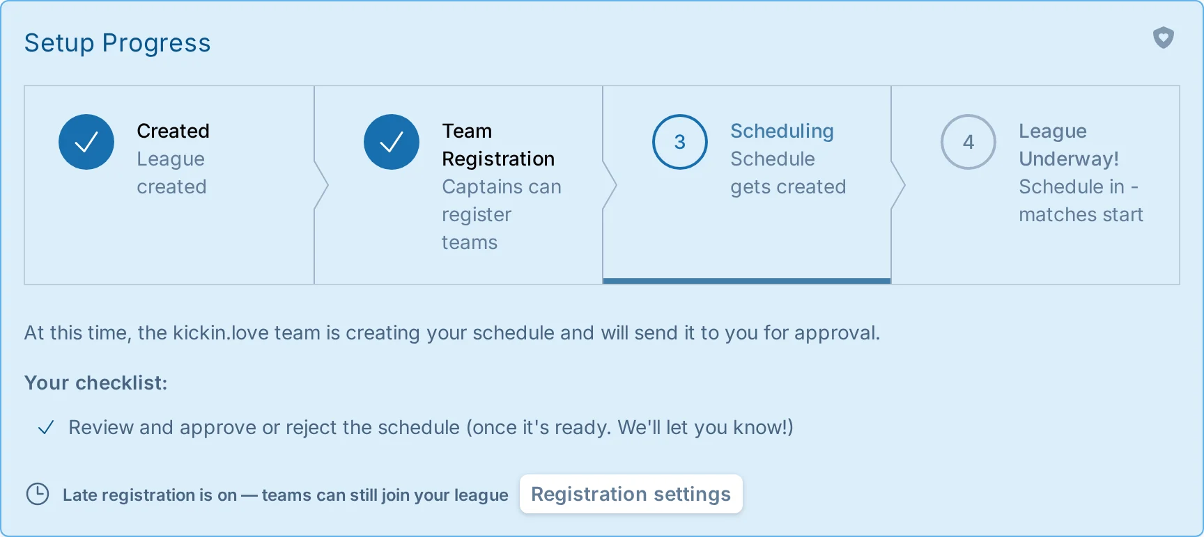 Late registration progress bar in kickin.love, a kickball signup workflow app
