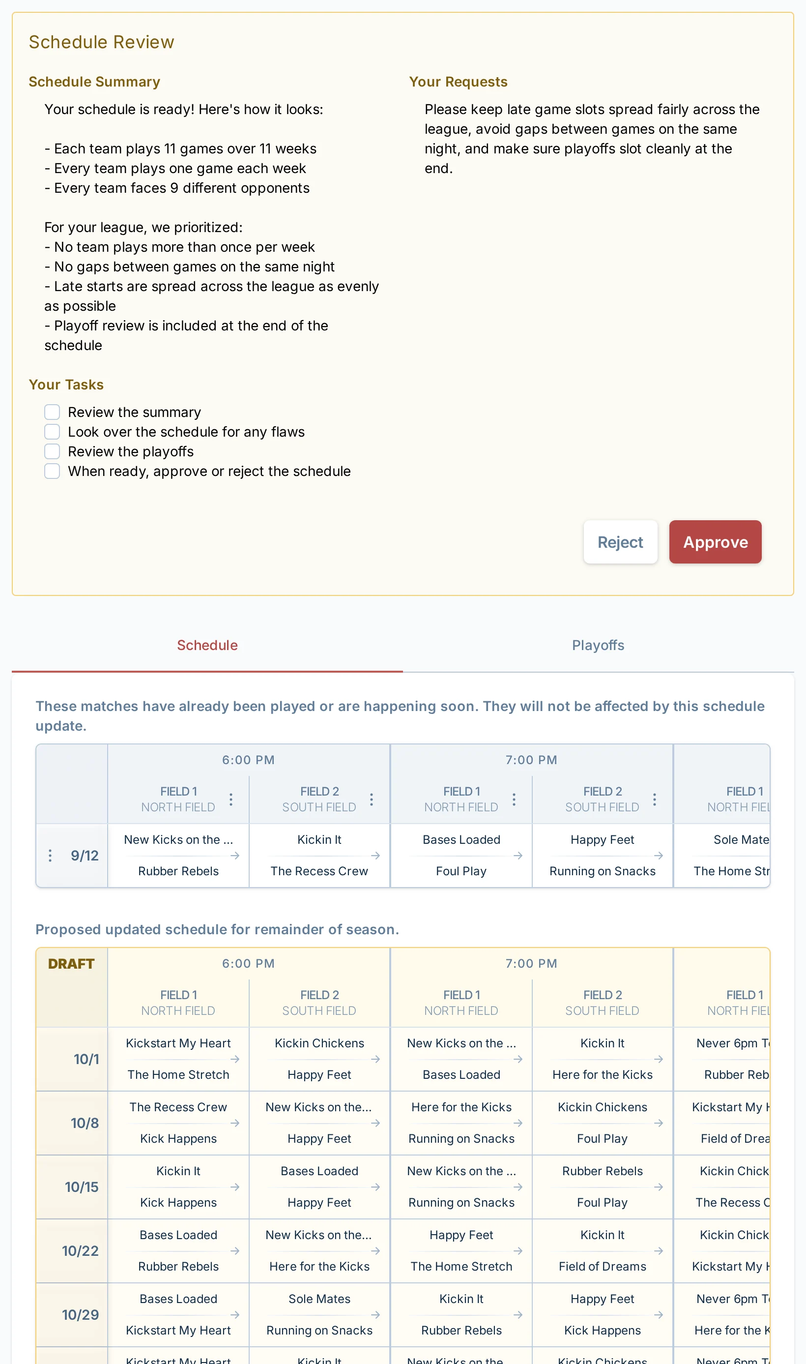 Late registration schedule review in kickin.love, a kickball scheduling platform for late entries
