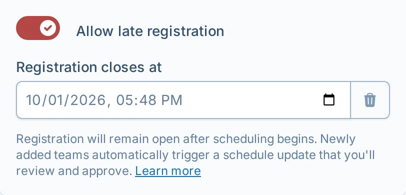 Late registration settings in kickin.love, a kickball registration management platform