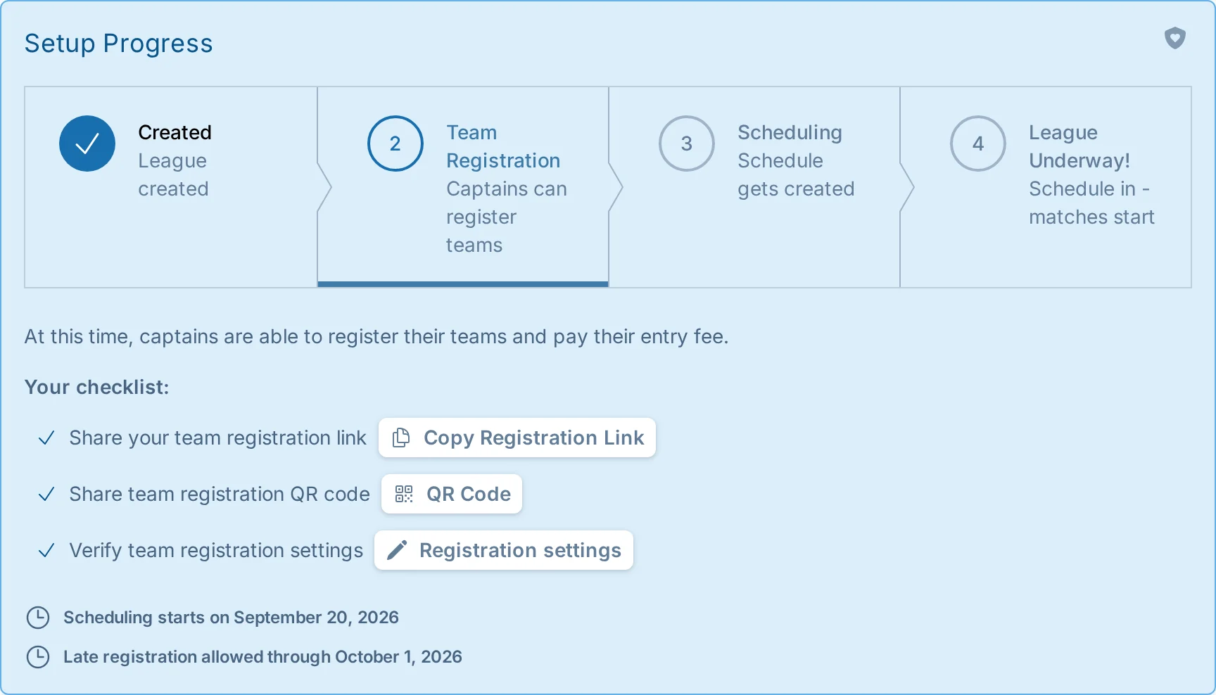 League setup progress bar in kickin.love, a kickball registration workflow tool