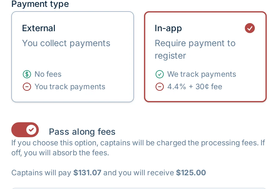 Pass along fees option in kickin.love, a kickball checkout tool for registrations