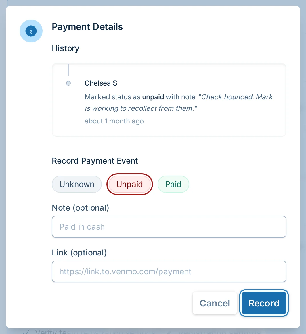 Team payment details dialog in kickin.love, a kickball registration payments dashboard