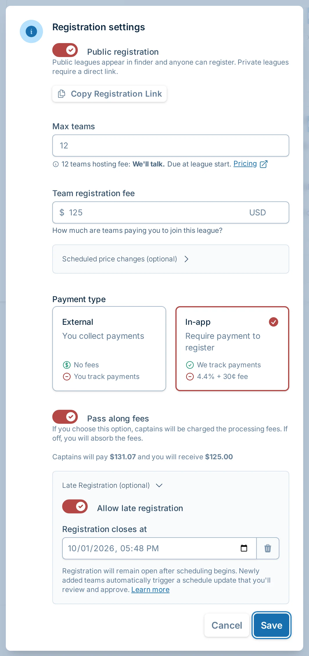 League registration settings in kickin.love, a kickball registration and payments app