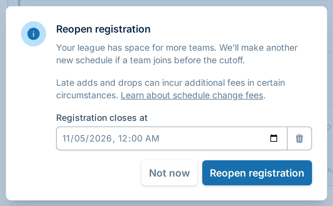 Reopen registration dialog with a registration cutoff date field